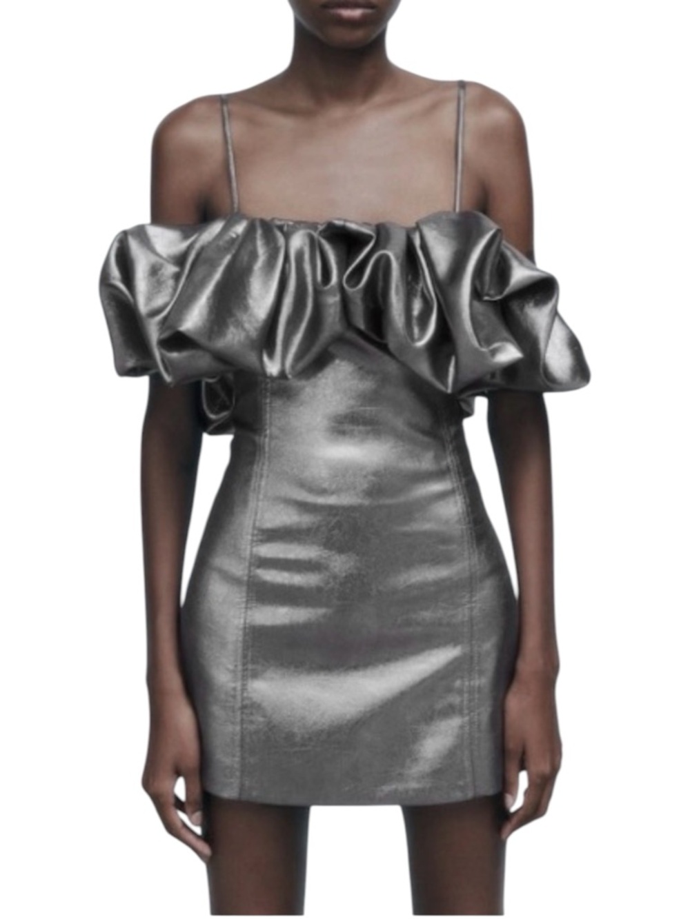 Zara Metallic Silver Voluminous Short Dress Size XS NWOT - Picture 4 of 4